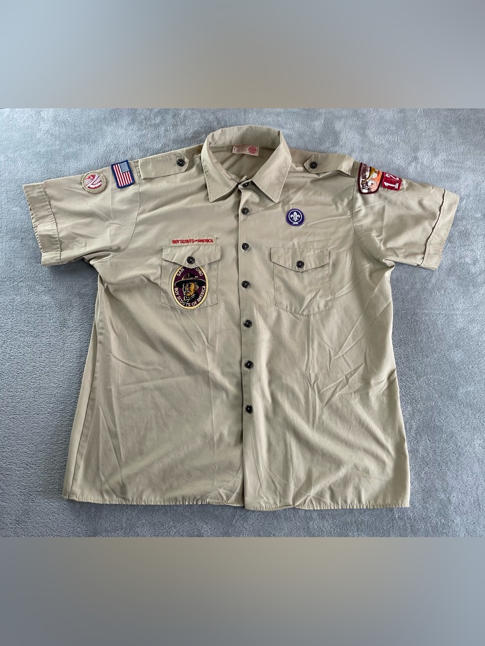 Vintage Boy Scouts Of America Shirt Mens XL Tan Uniform Short Sleeve Scout Patch